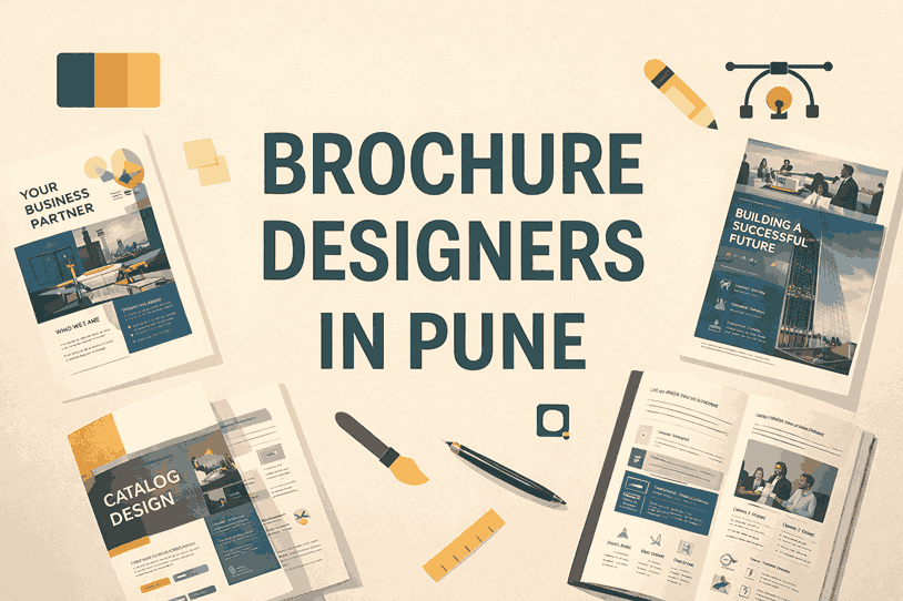 Landscape cover image showcasing brochure designers in Pune with brochure samples, design tools, and professional layout elements