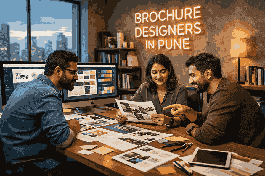 Professional brochure designers in Pune collaborating in a modern creative studio with brochure layouts, colour palettes, and design software