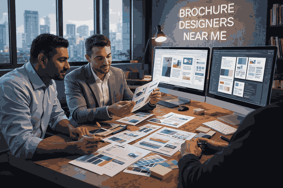 Brochure designers near me collaborating in a modern creative studio with brochure layouts, catalogue pages, and professional design software