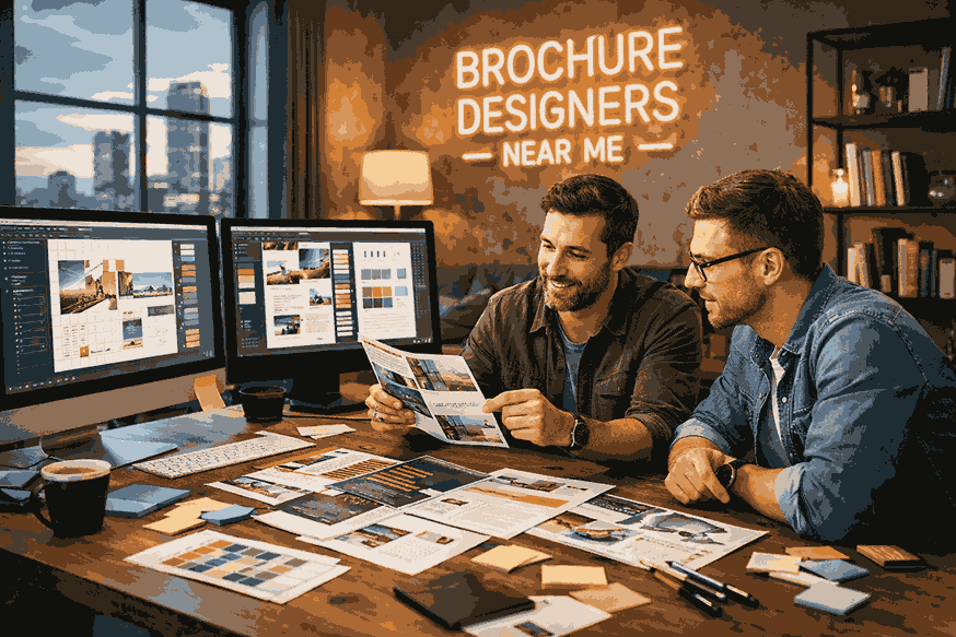 Professional brochure designers near me collaborating in a modern creative studio workspace with brochure layouts and design tools