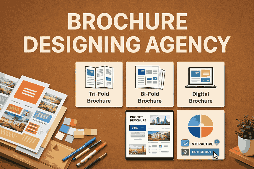 Landscape cover image of a brochure designing agency showcasing tri-fold, bi-fold, digital, and interactive brochure design elements.