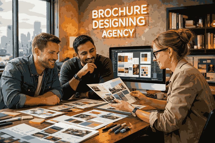 Professional brochure designing agency team collaborating in a modern creative studio with printed brochure layouts, catalogue designs, and branding materials.