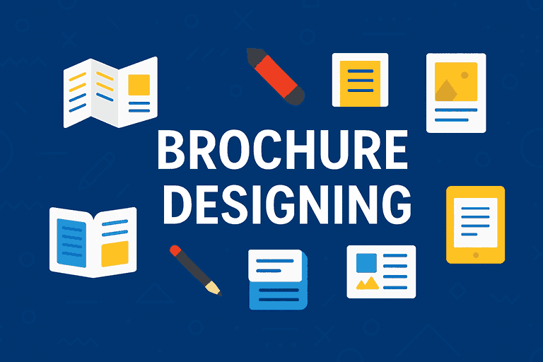 Brochure designing cover image featuring brochure layouts, design icons, and creative elements on a modern blue background.