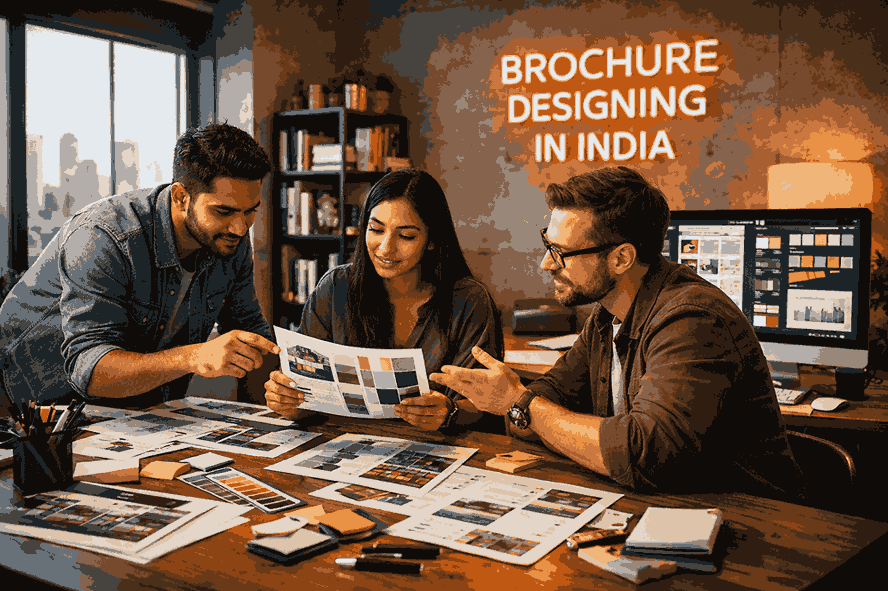 Professional brochure designing in India showing creative designers collaborating on brochure layouts in a modern design studio.