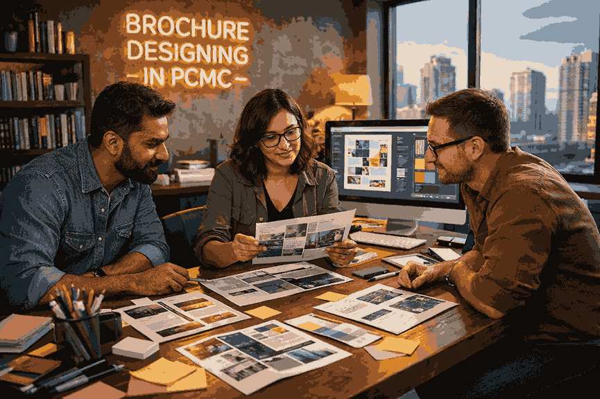Professional brochure designing in PCMC showing designers collaborating in a modern creative studio with brochure layouts, colour palettes, and design software