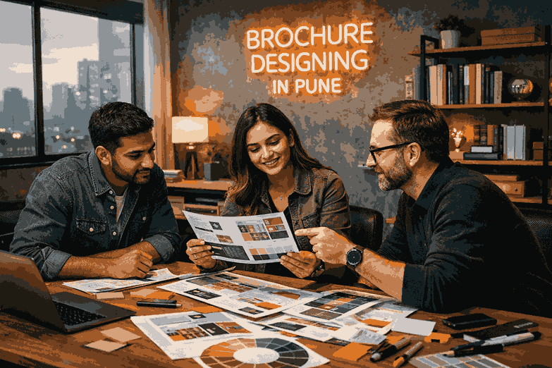 Professional brochure designing in Pune showing designers collaborating in a modern creative studio