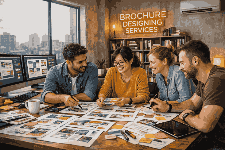 Professional brochure designing services team working on catalogue layouts with creative concepts, colour palettes, and modern design tools in a studio
