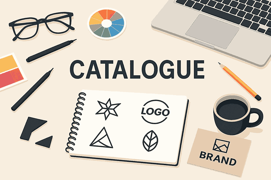 Creative catalogue cover design concept with laptop, color wheel, sketchbook, and design tools flat lay