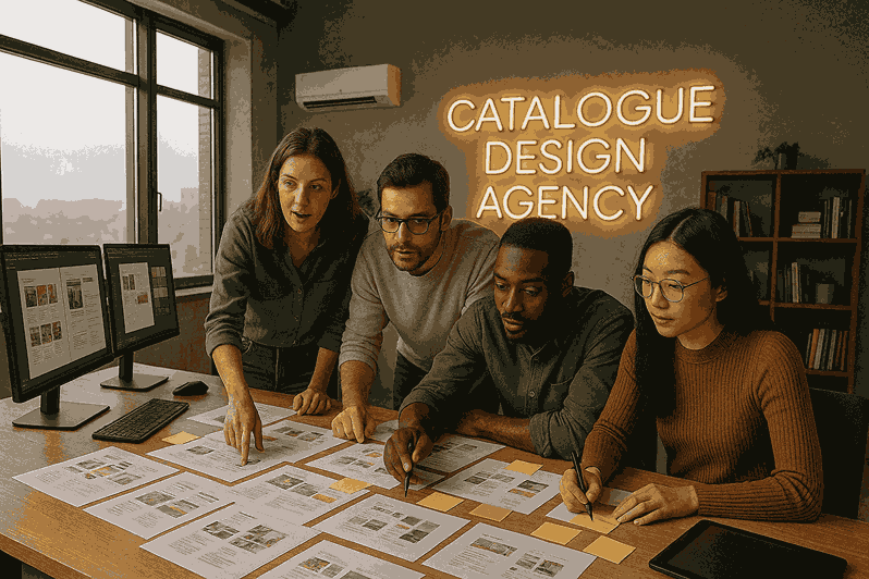 Catalogue design agency team working on catalogue layouts in a professional studio