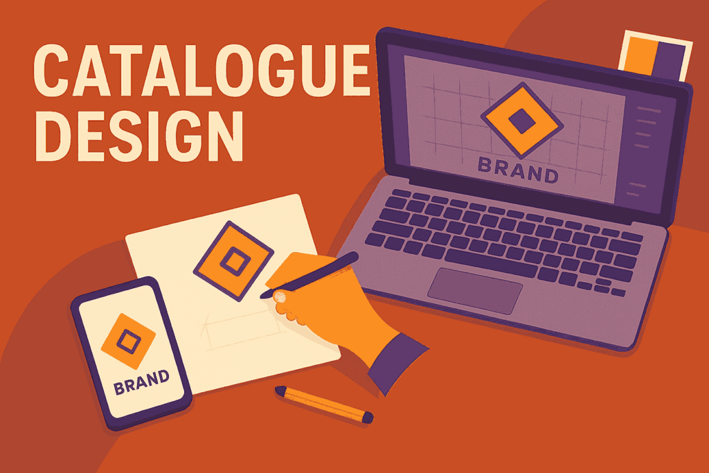 CATALOGUE DESIGN blog cover illustration showing a designer workspace with laptop, sketch pad and branding elements