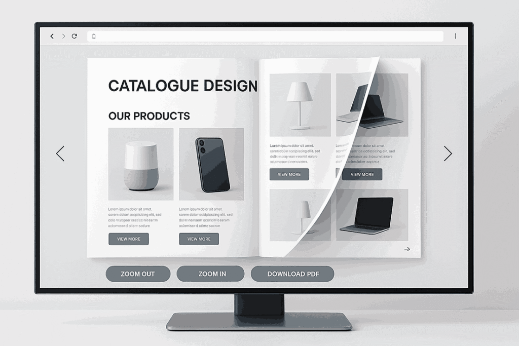Interactive CATALOGUE DESIGN displayed on widescreen monitor with clickable product pages and flipbook animation