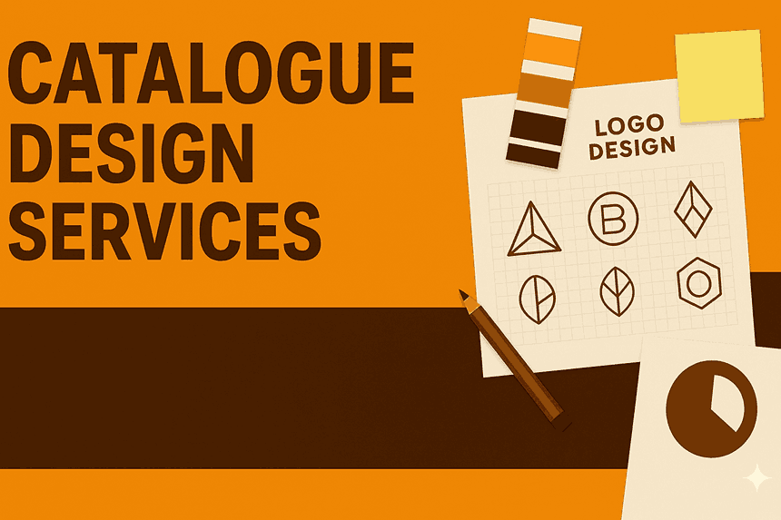 catalogue design services cover image with design elements, color palette, sketches, and modern layout