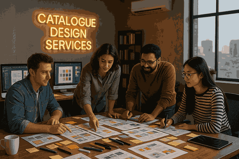 creative team working on catalogue design services in a modern studio with design sheets and monitors