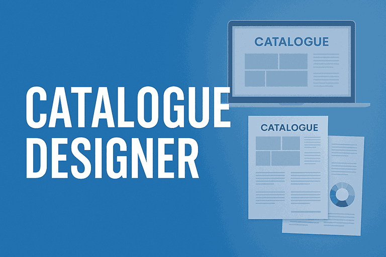 Blog cover showing professional catalogue designer workspace and layout mockups with the title CATALOGUE DESIGNER