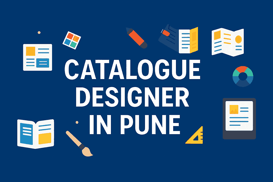 Catalogue designer in Pune cover image showing catalogue elements, layouts, tools, and digital brochure icons