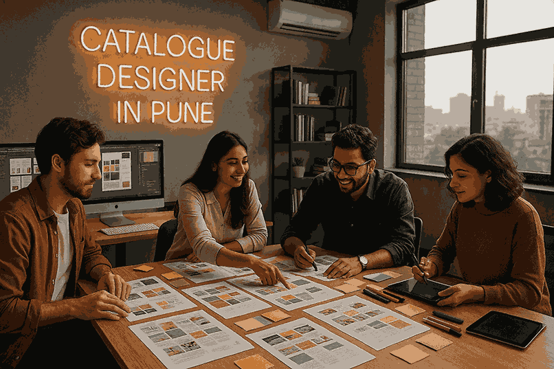 Catalogue designer in Pune team collaborating on catalogue concepts inside a modern creative studio workspace