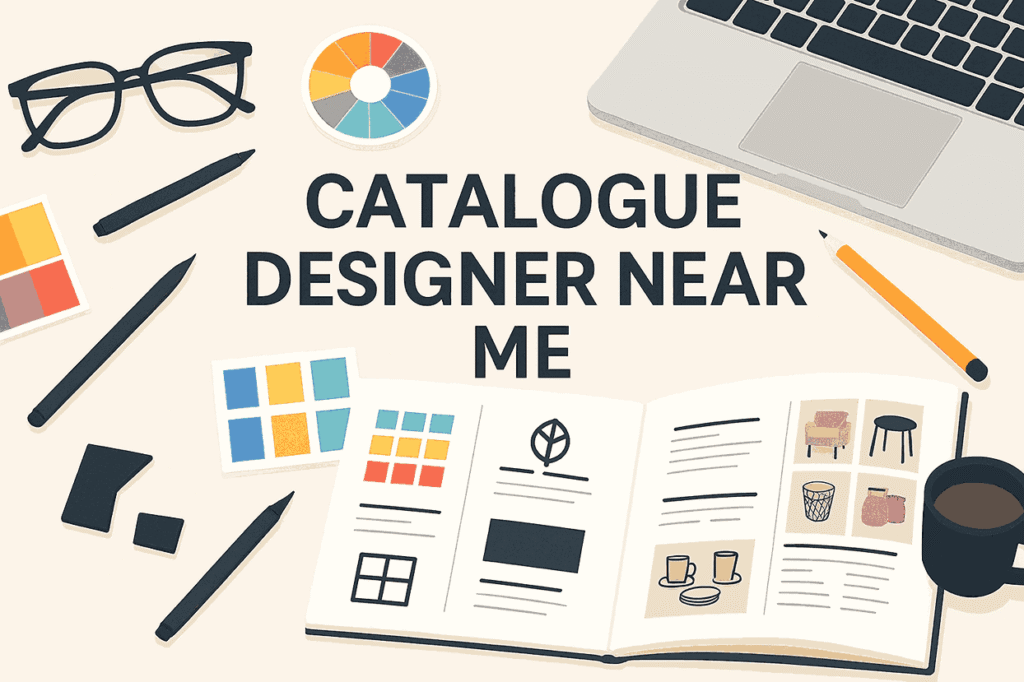 Catalogue Designer Near Me cover image featuring catalogue layouts, color palettes, and design tools in a creative flat lay workspace