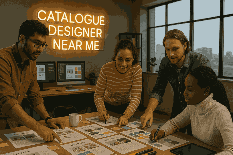Team of professional catalogue designers collaborating in a creative studio workspace with neon sign reading “Catalogue Designer Near Me”