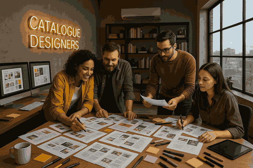 A group of professional catalogue designers collaborating in a creative studio workspace with catalogue layouts, design tools, dual monitors, and a neon “CATALOGUE DESIGNERS” sign.