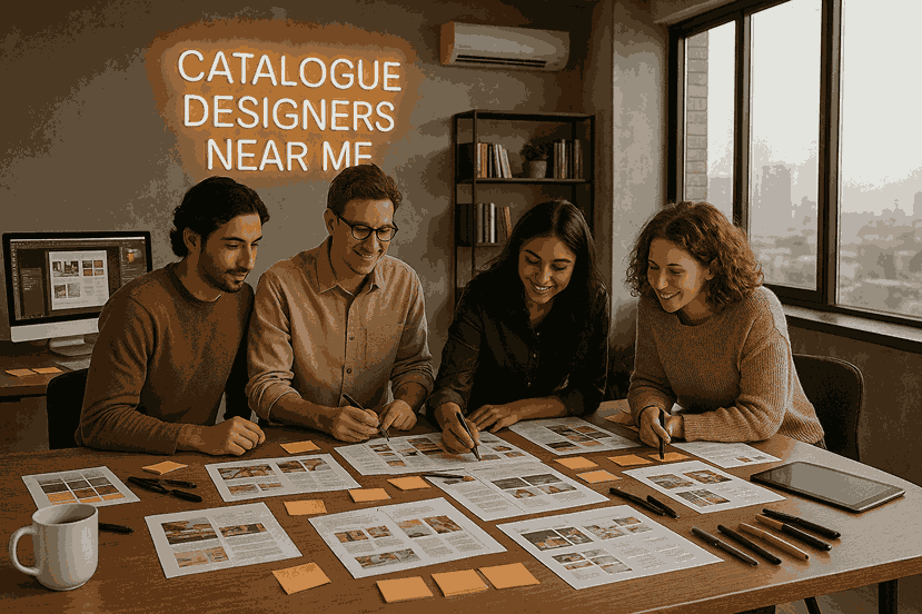 Catalogue designers near me collaborating on professional catalogue design concepts at Logo Designer India creative studio