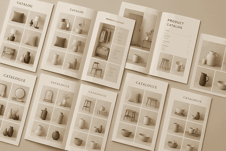 Catalogue designing services showcasing clean product grid layouts in a flat lay presentation