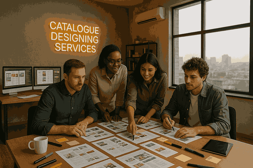 Catalogue designing services team working on creative product layouts in a modern design studio