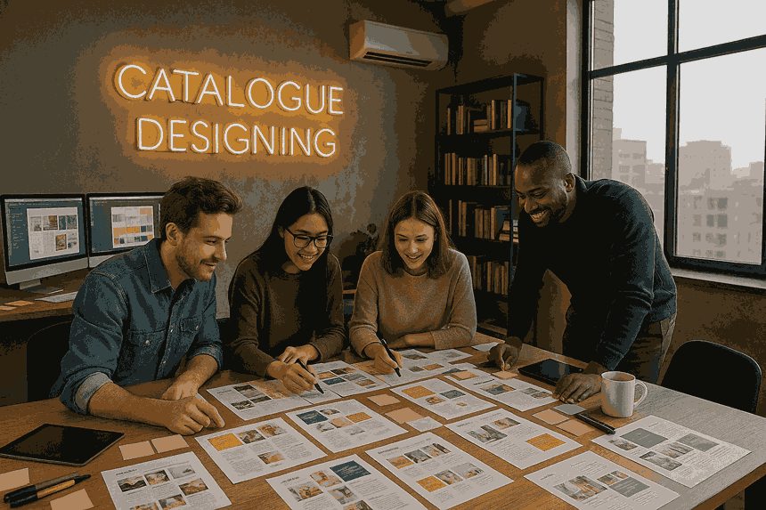 Professional catalogue designers collaborating on layouts in a modern studio workspace with monitors, sketches, tools, and neon “Catalogue Designing” signage.