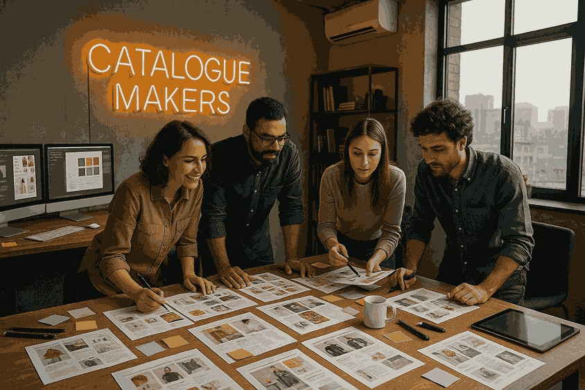 Professional catalogue makers collaborating on catalogue layout concepts in a modern creative studio workspace