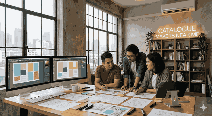 Catalogue maker near me team designing professional product catalogues in a modern creative studio workspace