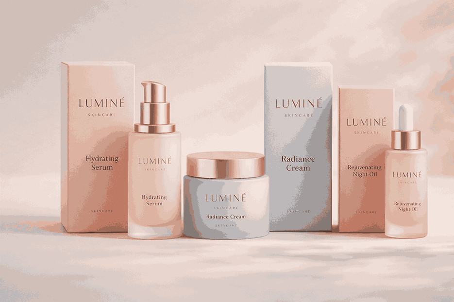 Luxury cosmetic packaging design featuring premium skincare bottles and boxes with pastel tones, minimal branding, and elegant typography by a packaging design company
