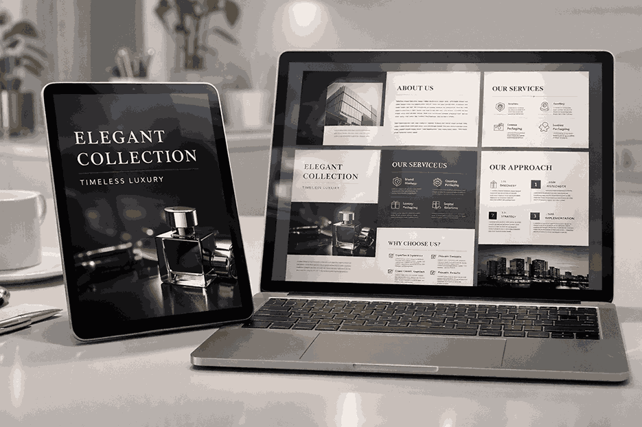 Digital PDF brochure design in Pune displayed on tablet and laptop with modern layout, glossy images, and professional marketing presentation.
