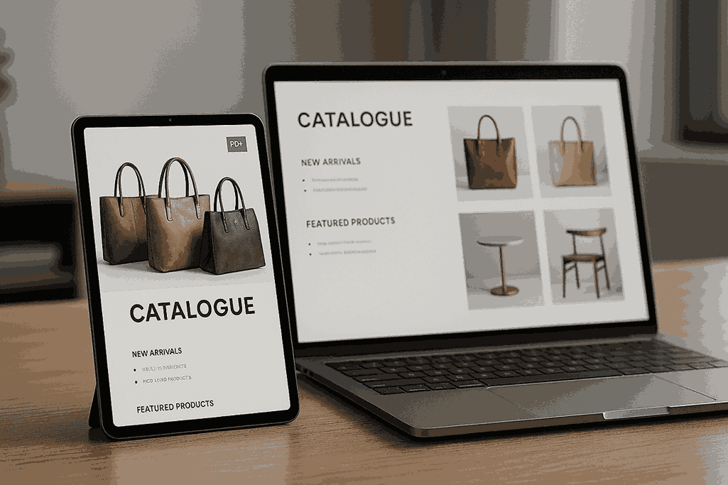 Digital PDF catalogue designed by catalogue design agency displayed on tablet and laptop