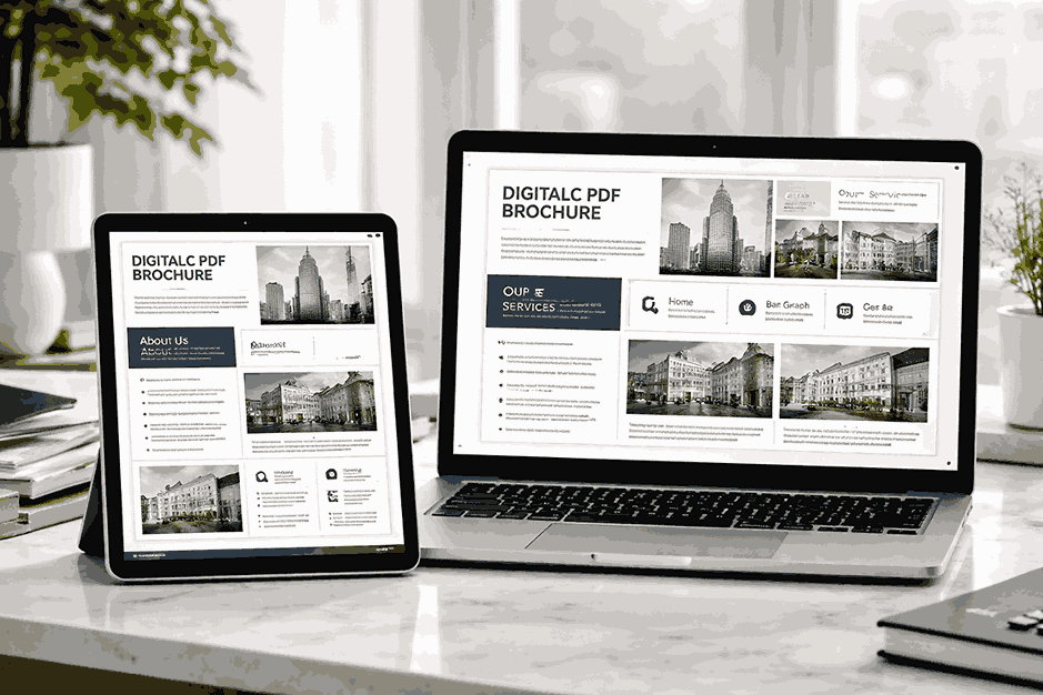 Digital PDF brochure displayed on tablet and laptop screens with modern layout, glossy images, and professional brochure design.