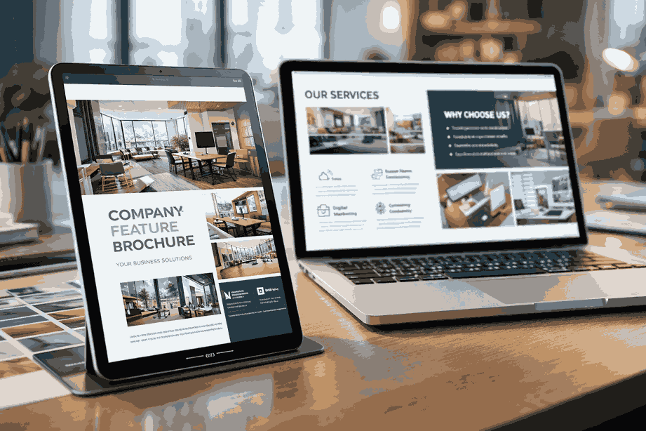 Digital PDF brochure design in India displayed on tablet and laptop with modern layout and professional branding