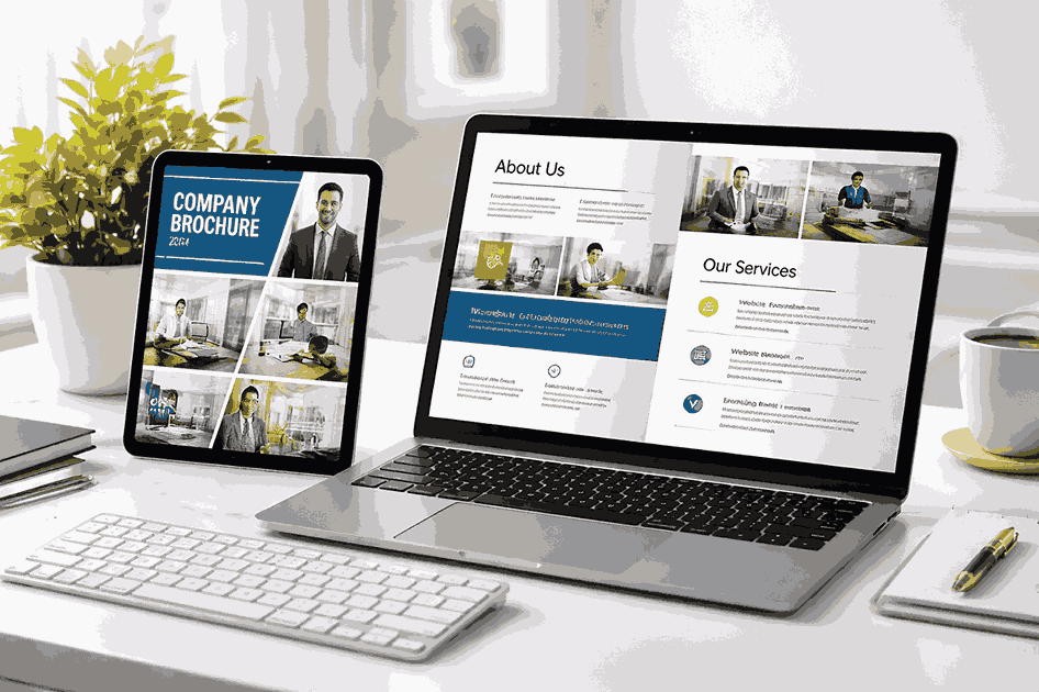 Digital PDF brochure displayed on a tablet and laptop designed by professional brochure designers in PCMC with modern layout and glossy visuals