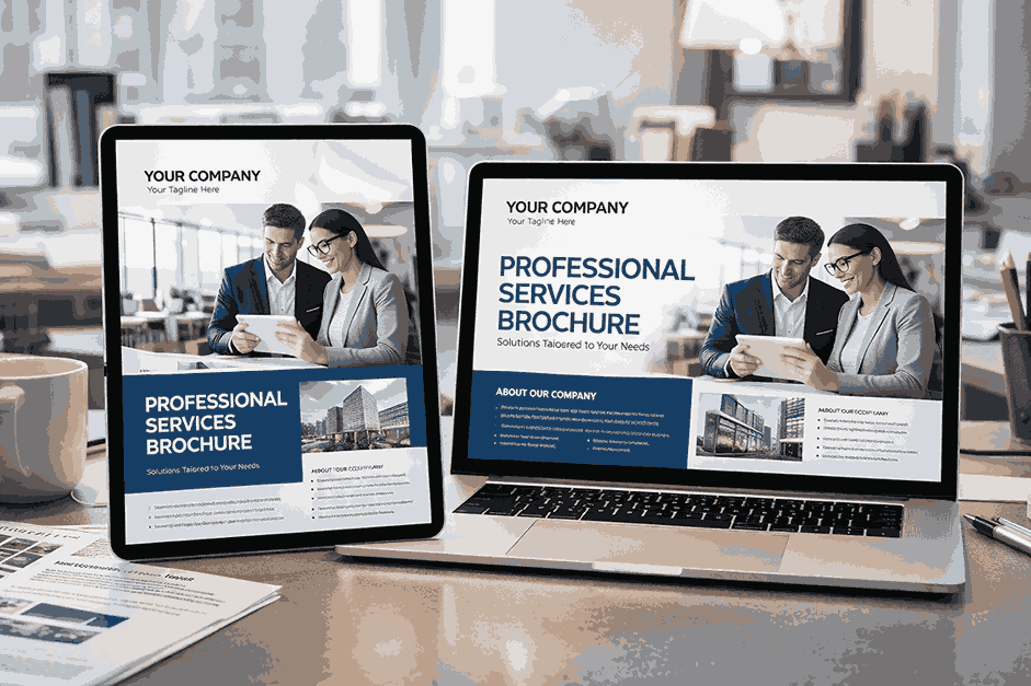 Digital PDF brochure displayed on tablet and laptop with professional brochure design in a modern workspace