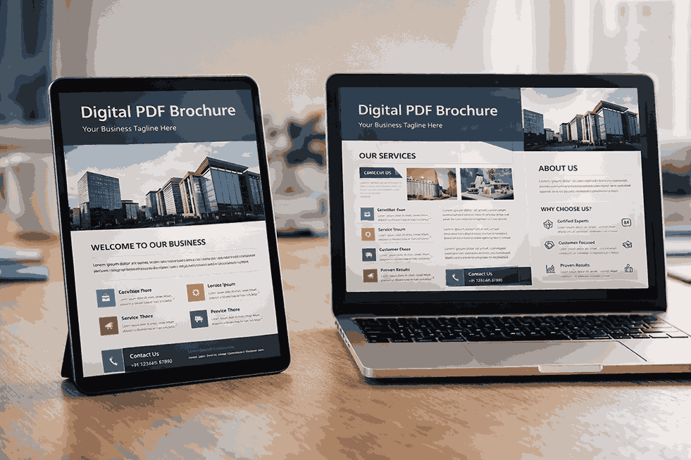 Digital PDF brochure designed by a professional brochure designer in Pune displayed on a tablet and laptop in a modern workspace