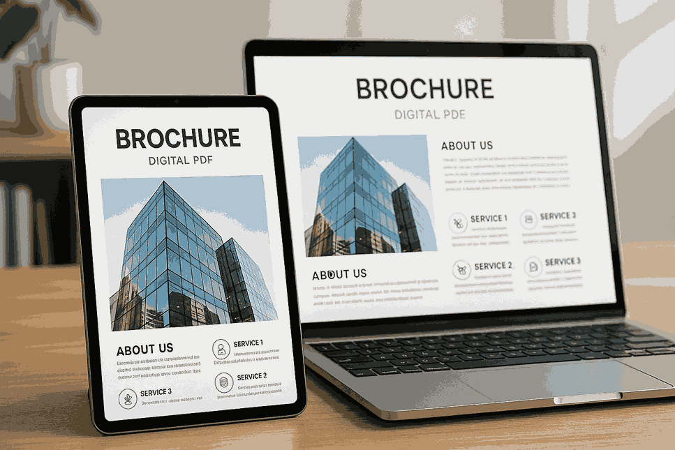A digital PDF brochure design displayed on a tablet and laptop screen featuring a minimal UI layout, glossy images, modern workspace setup, and professional lighting.