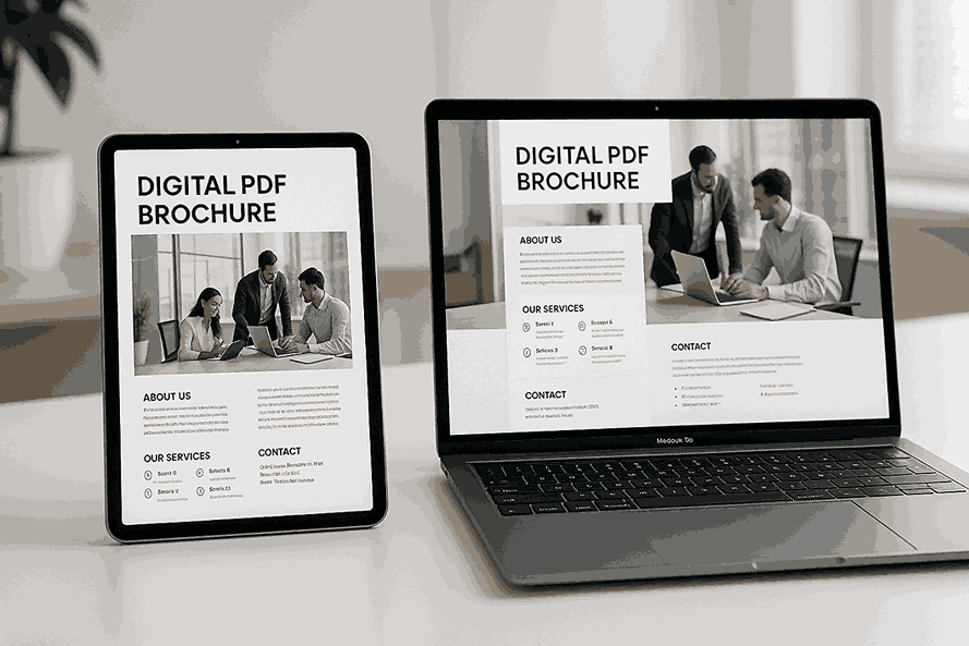 Digital PDF brochure displayed on a tablet and laptop with clean layout, glossy images, and modern brochure design interface.