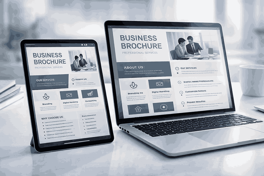 Digital PDF brochure created using professional brochure designing services displayed on tablet and laptop in a modern workspace