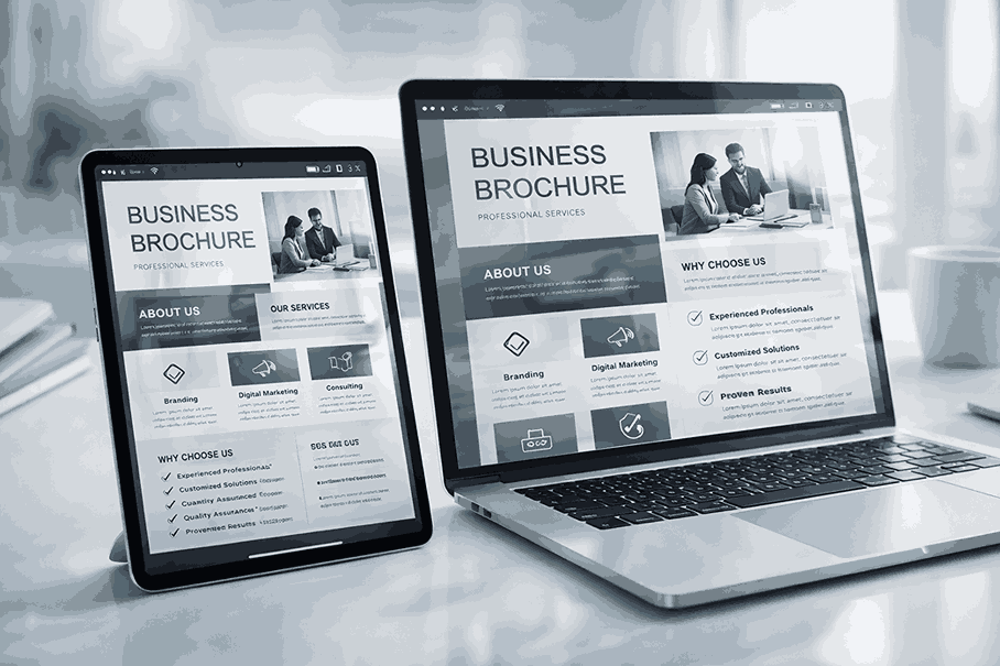 Digital PDF brochure designed using professional brochure designing services displayed on tablet and laptop in a modern workspace