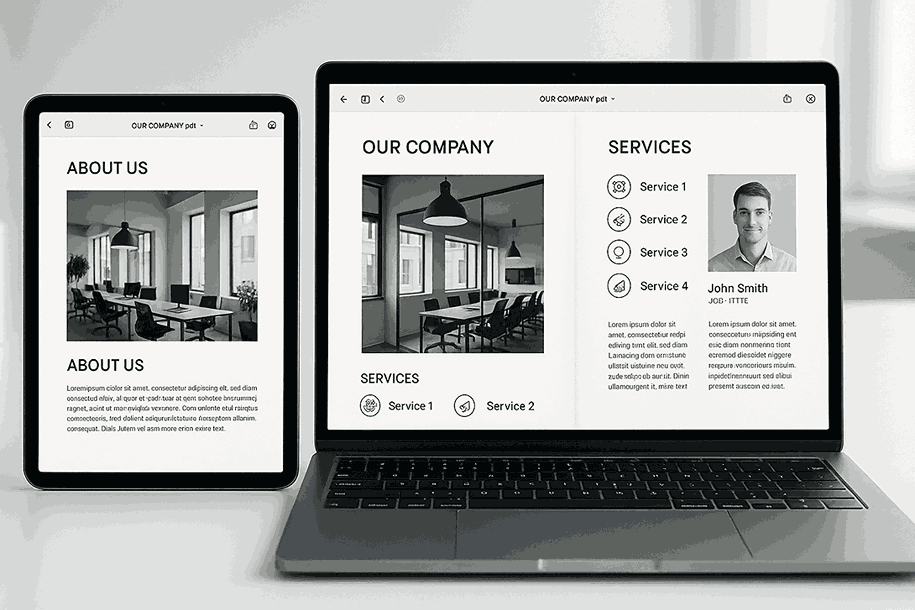 Digital PDF brochure displayed on a tablet and laptop showcasing modern minimal UI and professional corporate layout