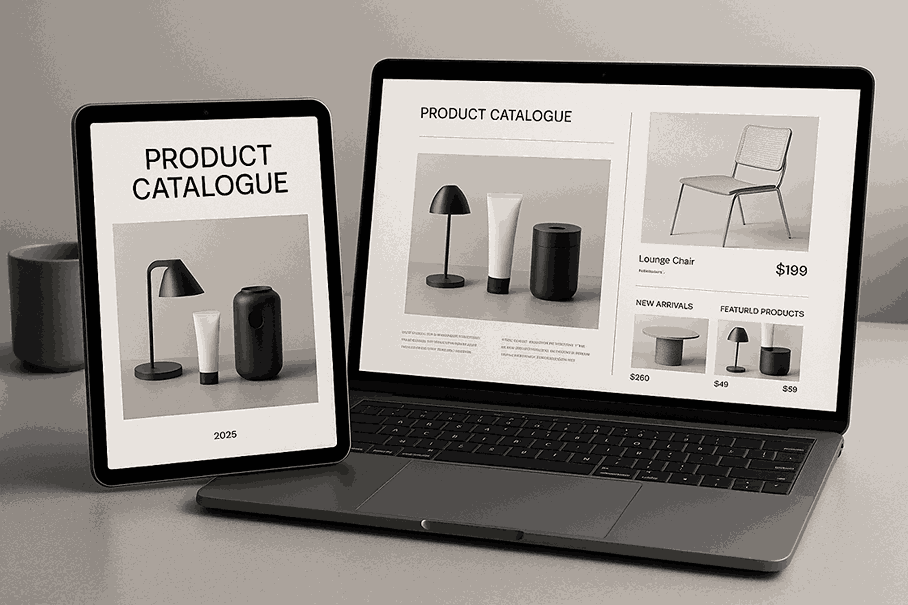 Digital PDF catalogue displayed on tablet and laptop created by a professional catalogue designer in Pune