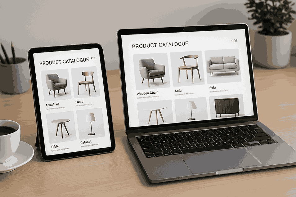 Digital PDF catalogue displayed on tablet and laptop in a modern workspace
