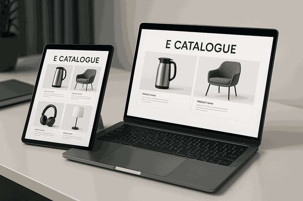 E catalogue displayed on tablet and laptop with glossy product images, minimal UI and professional workspace setup