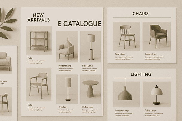 Flat lay of e catalogue pages arranged on desk showing product grids, clean typography, and minimal corporate catalogue design