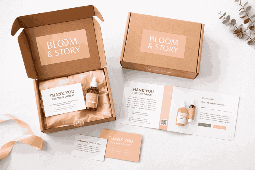 E-commerce packaging presentation designed by a packaging design company near me showing branded shipping boxes, inserts, and thank-you cards