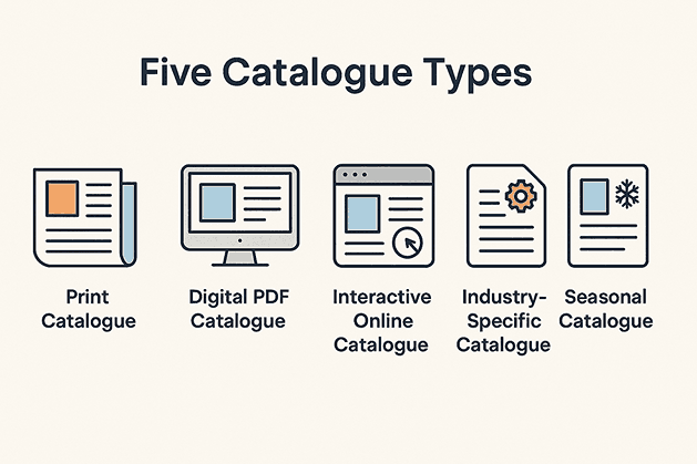 Infographic illustrating five catalogue types including print catalogue, digital PDF catalogue, interactive online catalogue, industry-specific and seasonal catalogue.