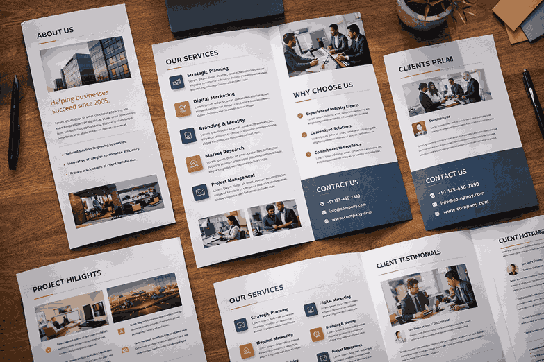Flat-lay brochure design pages with clean layouts, professional typography and service icons by brochure designers in India