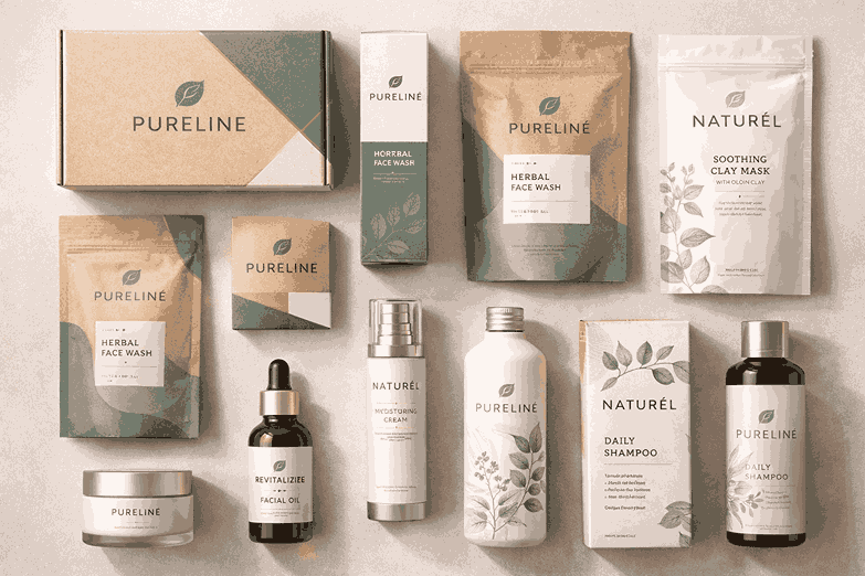 Flat-lay view of multiple packaging designs including boxes, pouches, labels, and bottles with clean typography and brand consistency